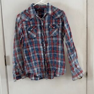 Rock & Roll Cowgirl red blue faded plaid long sleeve western shirt Size Large